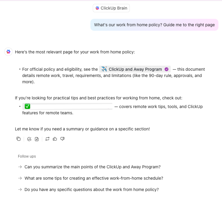 Politiques de recherche ClickUp Brain